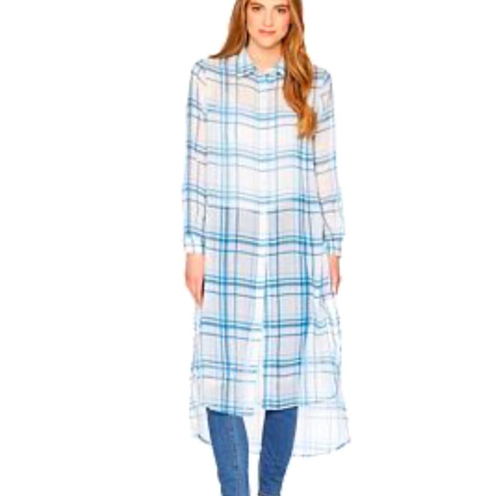 Plaid patch sheer long shirt Coverup square artsy casual resort wear coastal NWT
